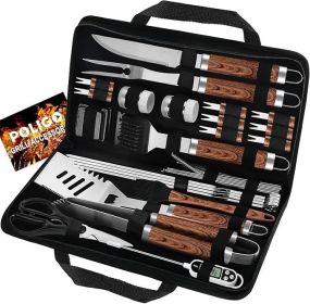 29 PCS BBQ Grill Accessories Stainless Steel BBQ/Grilling Tool Set W/ Storage Bag For Fathers Day Dads Birthday Presents - Camping (Color: Brown)