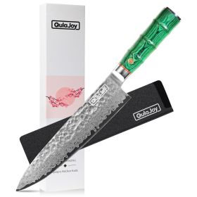 Chef Knife 8 Inch, 67 Layers Damascus VG-10 Steel Core, Professional Hammered Kitchen Knife, Handcrafted With Ergonomic Bamboo Handle (Color: Green)