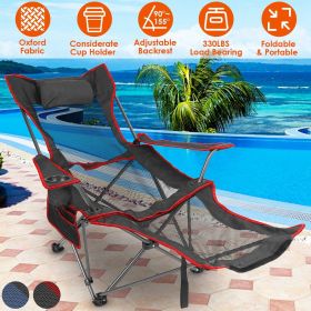 Foldable Camping Chair Collapsible Reclining Chair 330LBS Load Heavy Duty Steel Lawn Chair with Reclining Backrest Angle Cup Holder Pillow Side Pocket (Color: Black)